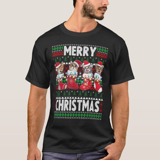 Glad jul Katter Inuti Julstrumpa T Shirt (Framsida)