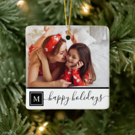 Glad jul klassisk vit foto anpassad monogram julgransprydnad keramik