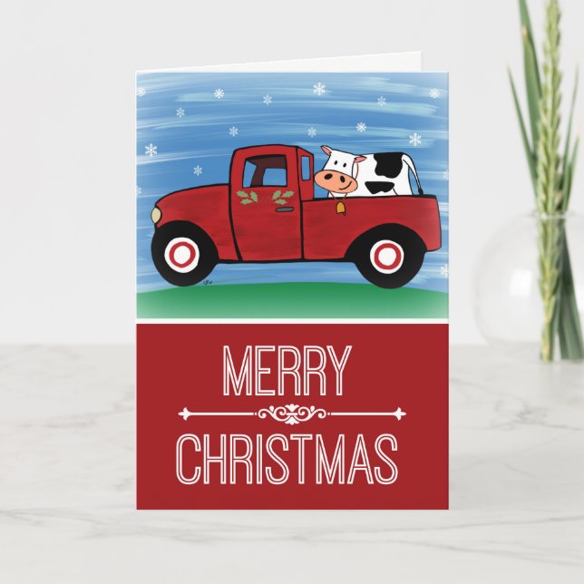 Glad jul ko i röd lastbil med verskort helgkort (Framsida)