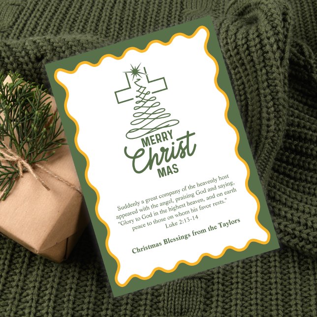 Glad jul, korsets träds välsignelser julkort (Merry CHRISTmas Cross-Tree Card Green & Gold with Luke 2:13–14)