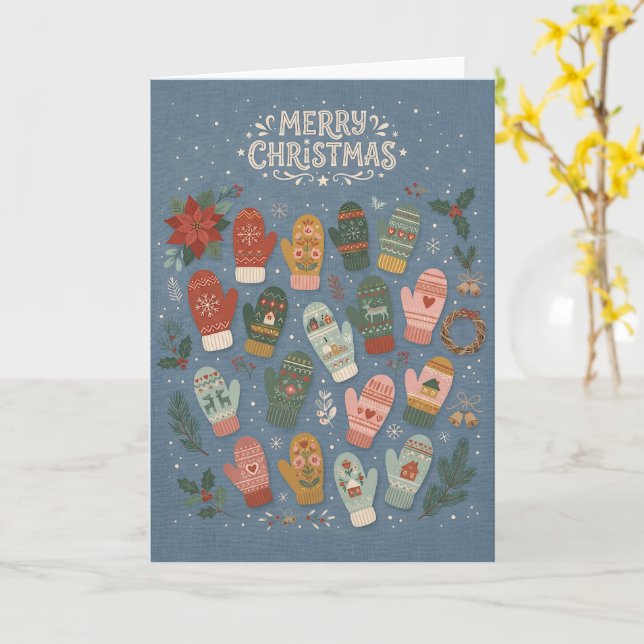 Glad jul-kort med färgglada vinterhandskar kort (Gul blomma)