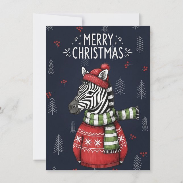 Glad jul-kort med zebra i stickad tröja julkort (Framsida)