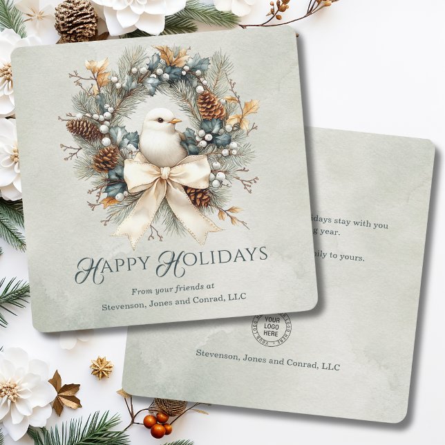 Glad Jul Krans Company Logotyp Fyrkantig Grön Julkort (Happy Holidays Wreath Company Logo Square Green Christmas Card with Logo, Greeting on Back.)