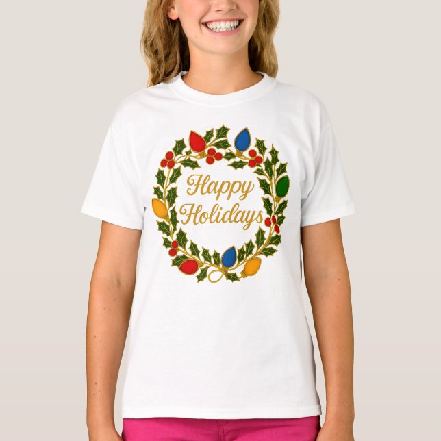 Glad Jul Krans Julbelysning och Järnekran T Shirt (Framsida)