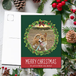 Glad jul Krans Söt Anpassad Hund Foto Grön Vykort