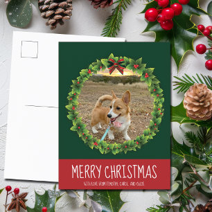 Glad jul Krans Söt Anpassad Hund Foto Grön Vykort