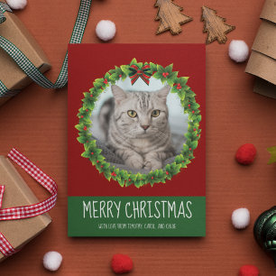 Glad jul Krans Söt Anpassad Katt Foto Röd Julkort