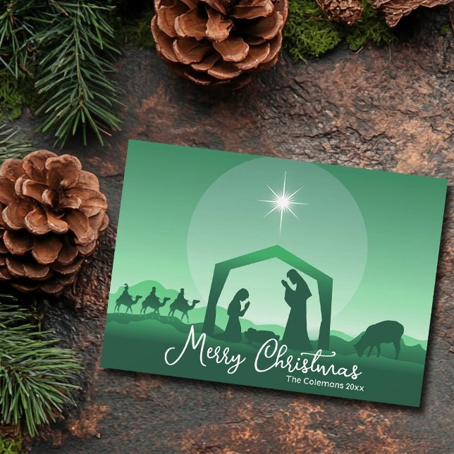 Glad jul Krubba Grön Religiös Julkort (Skapare uppladdad)