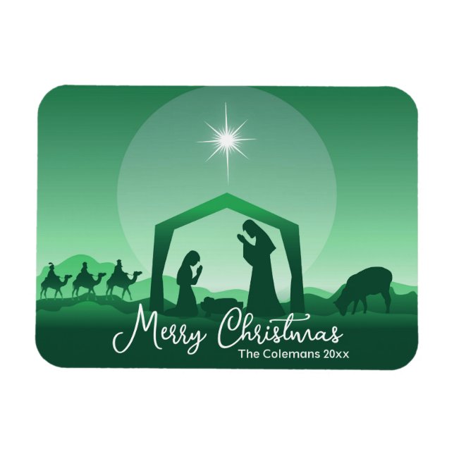 Glad jul Krubba Scen Grön Religiös Magnet (Horisontell)