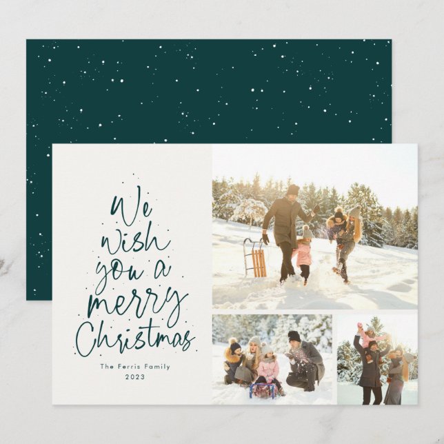 Glad jul kul grön tre foto familj julkort (Fram/baksida)