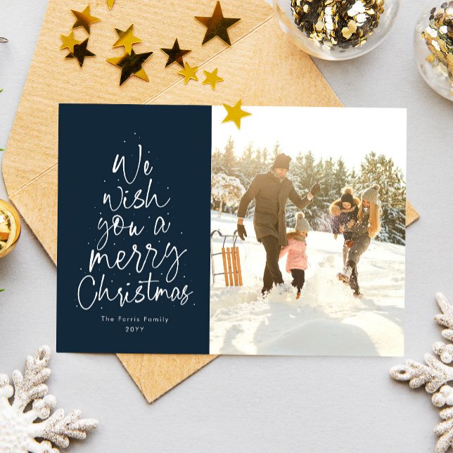 Glad jul kul marinblå familjefoto julkort (Skapare uppladdad)