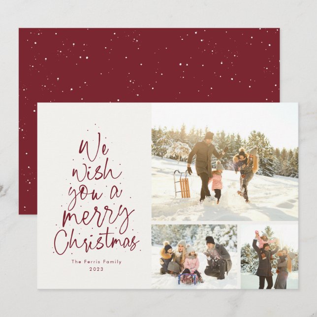 Glad jul kul röd tre foto familj julkort (Fram/baksida)
