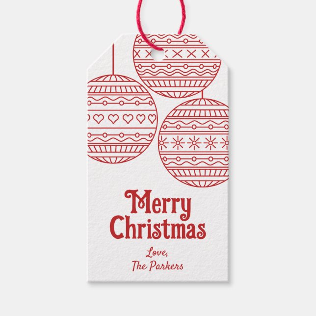 Glad jul kulor med röda julkulor presentetikett (Framsidan)