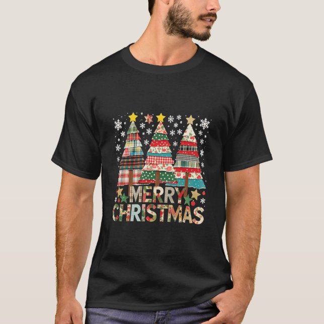 Glad jul lapptäcks träd rustik julkonst t shirt (Framsida)