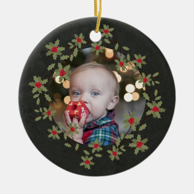 Glad jul litet julkrans fototema julgransprydnad keramik (Framsidan)