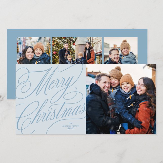 Glad jul ljusblå elegant familjefoto julkort (Fram/baksida)