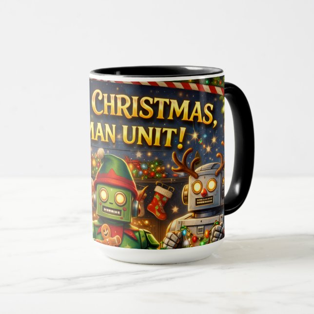 Glad jul mänsklig enhet rolig robot semester till mugg (Framsida höger)
