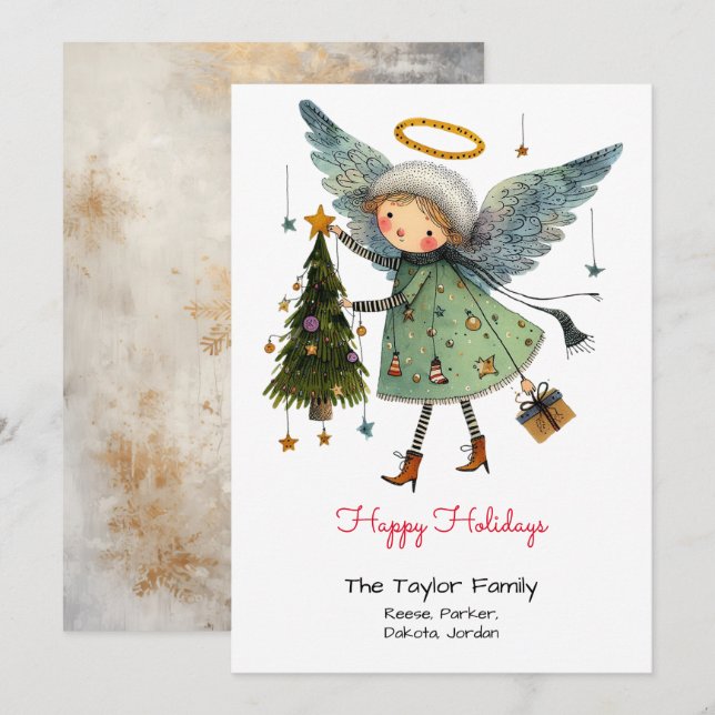 Glad jul med fantasifull ängel och träd julkort (Fram/baksida)