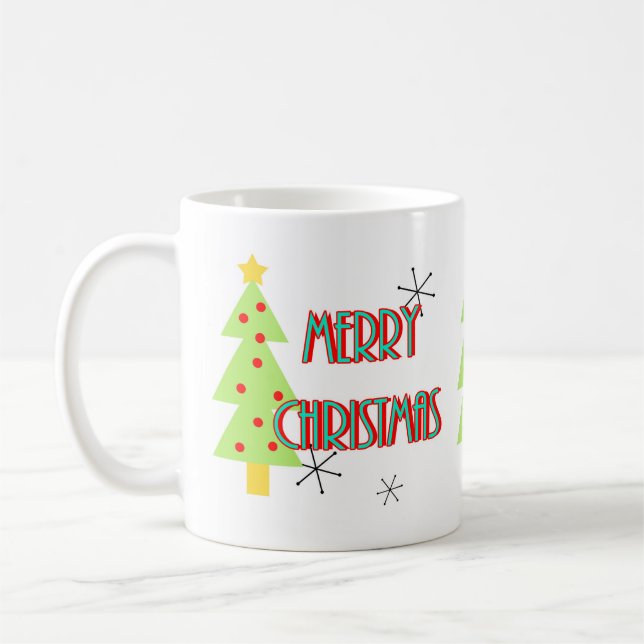 glad jul mid century modern julgran röd blå kaffemugg (Vänster)