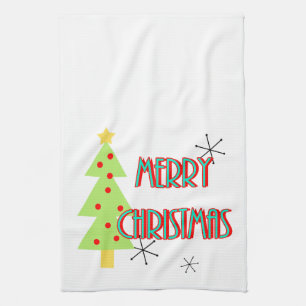 glad jul mid century modern julgran röd blå kökshandduk