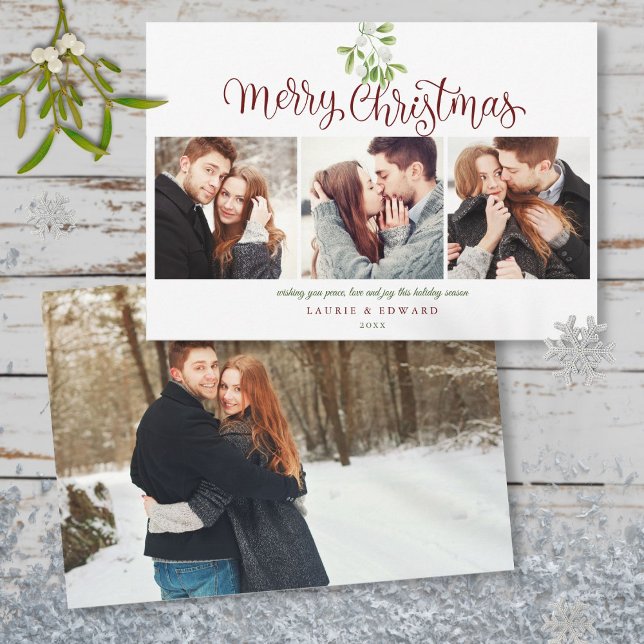 Glad jul Mistel Modern Par 4 Foto Julkort (Merry Christmas Mistletoe Modern Couples 4 Photo Holiday Card)