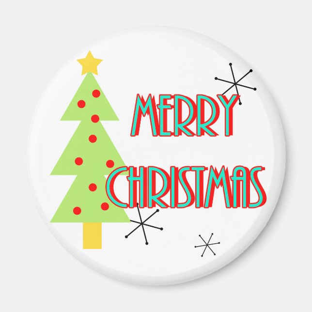 glad jul mitten av seklet modernt träd rött blått magnet (Framsidan)
