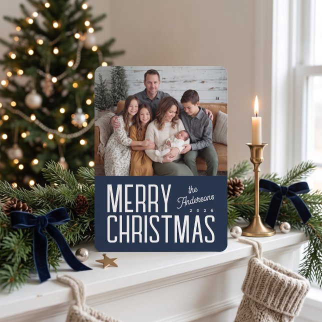 Glad jul Modern familjefoto - Marinblå Julkort (Skapare uppladdad)