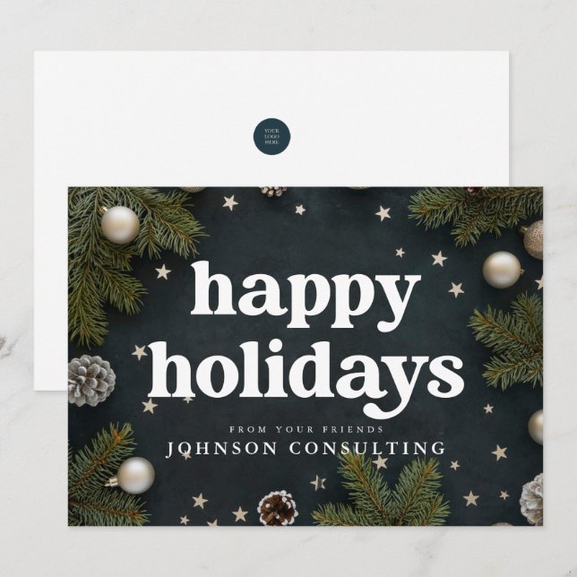 Glad jul Modern juldekorationer och tall Julkort (Fram/baksida)