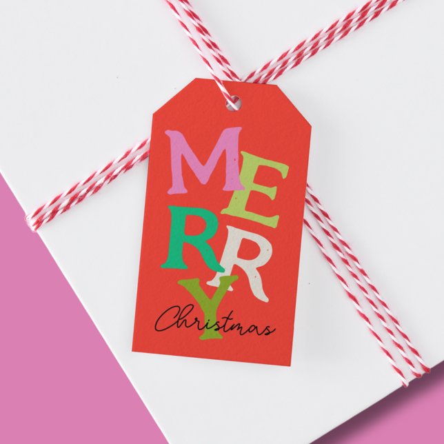 Glad jul Modern Ljus Semester Presentetikett (Modern and bright Merry Christmas red typography festive Holiday gift tags, )
