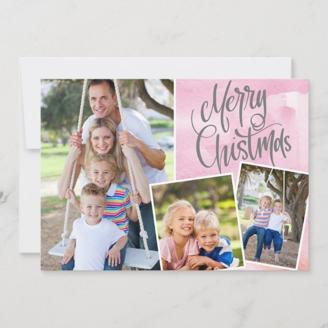 Glad jul Modern Rosa Vattenfärg Tre Foto (Framsida)