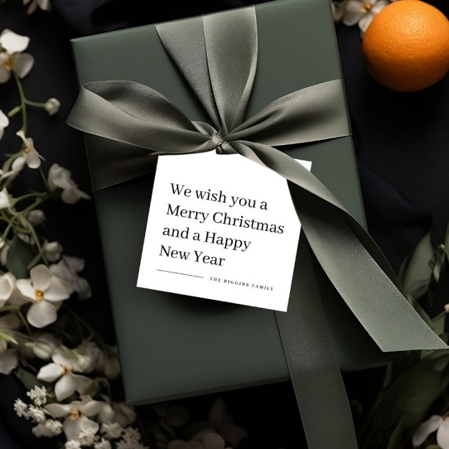 Glad jul modern typ julklappsetikett gåvor etiketter (Modern Merry Christmas Black and White Typography Holiday Gift Tags.)