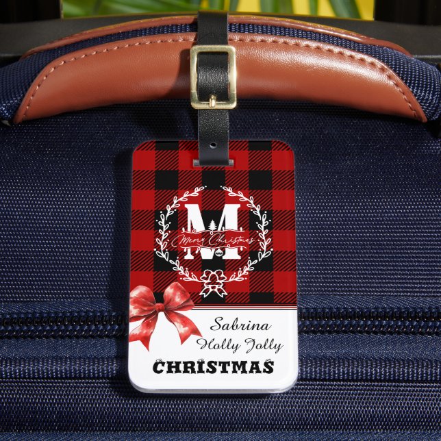 Glad jul Monogram Krans Buffalo Plaid Bagagebricka (Framsida Insitu 2)