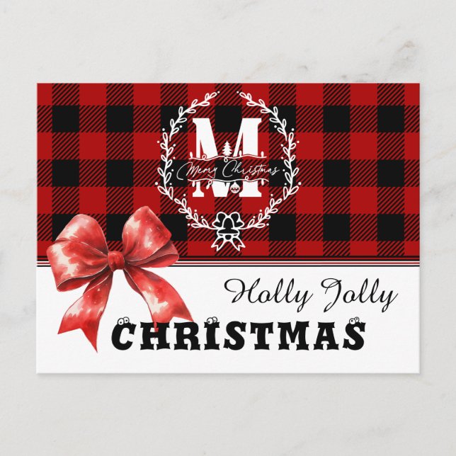 Glad jul monogram krans buffalo-rutig helg vykort (Framsida)