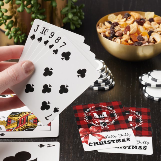 Glad jul monogram krans buffelrutig casinokort (På plats)