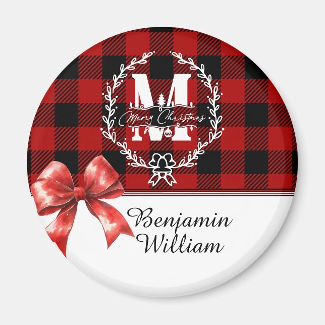 Glad jul monogram krans buffelrutig magnet (Framsidan)