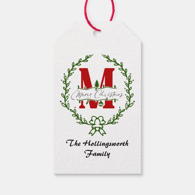 Glad jul monogram krans presentkort presentetikett (Baksidan)