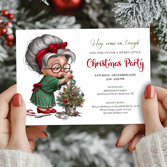 Glad Jul Mormor Söt Tecknad Festsedel Inbjudningar (Happy Xmas Grandma Cute Cartoon Party Invitation)
