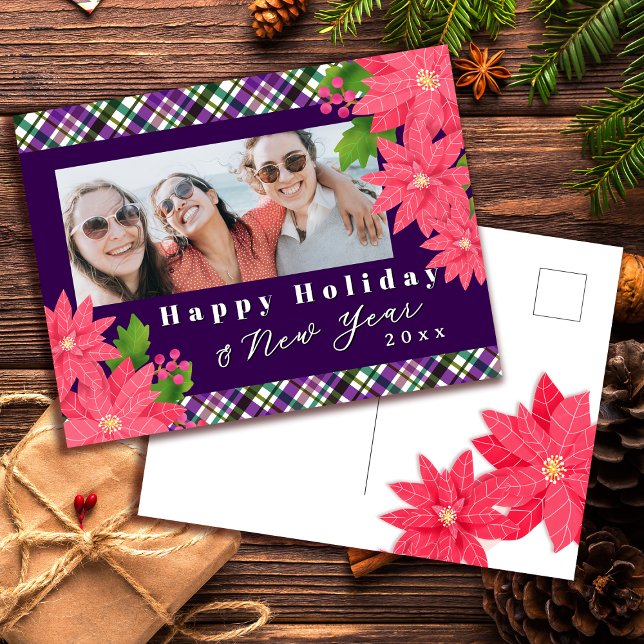 Glad jul nyår Poinsettia Foto Lila Helg Vykort (Skapare uppladdad)