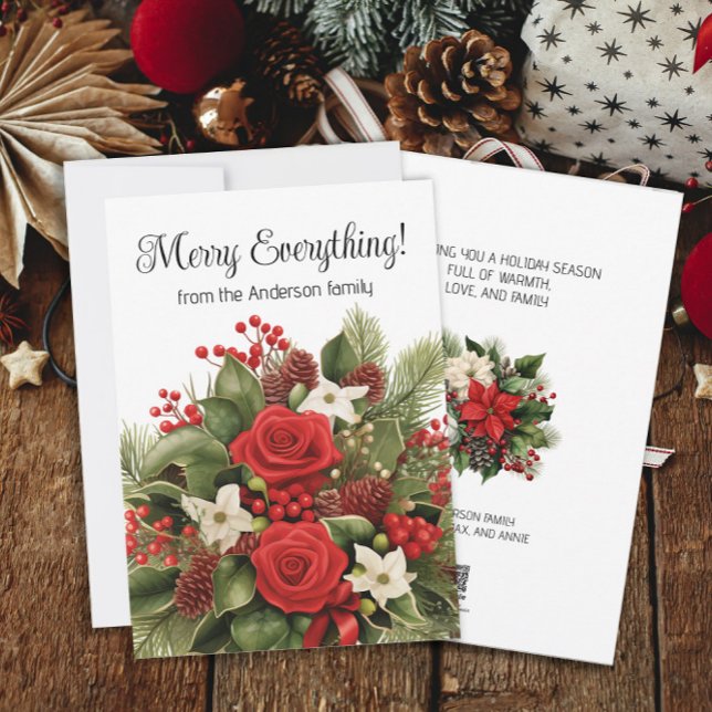 Glad jul och nyår röd vit blomster grönska julkort (Red and white floral and greenery "Merry Everything" holiday greeting card. Personalized text.)