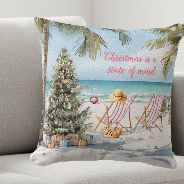 *Glad jul på stranden Monogram  Kudde (Skapare uppladdad)