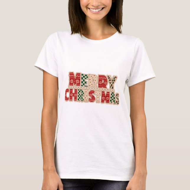 Glad jul Patchwork-bokstavsdesign T Shirt (Framsida)