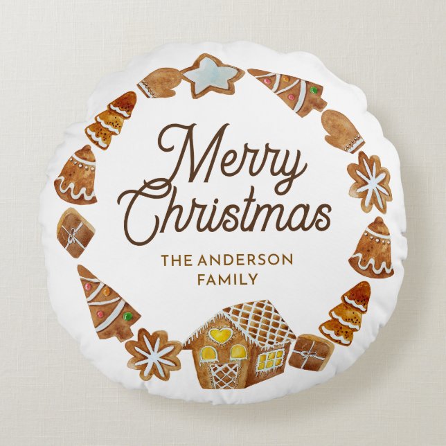 Glad jul Pepparkaks kakor Anpassad Rund Kudde (Framsidan)