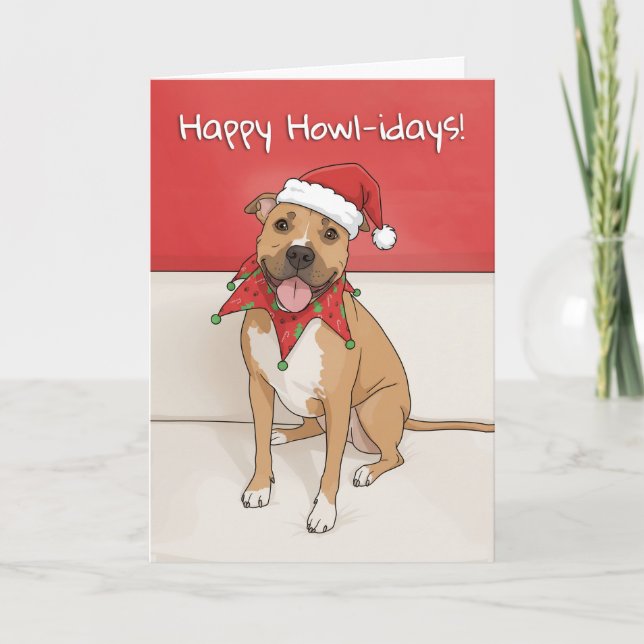 Glad jul Pit Bull-ritning med Santa-hatt  Helgkort (Framsida)