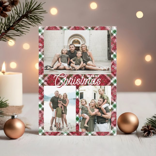 Glad jul Plaid 3 Foto Collage Julkort (Merry Christmas on plaid three photo collage flat holiday cards,  PRINTED and/or INSTANT DOWNLOAD)
