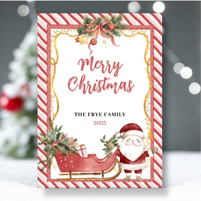 Glad jul Platt julkort Tomte Släd Spass (Watercolor Santa and red sleigh festive Christmas card)