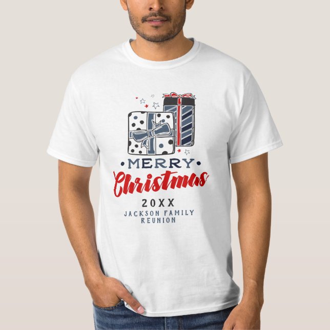 Glad jul-present anpassad text röd blå T-shirt (Framsida)