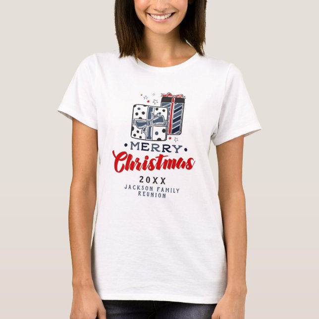 Glad jul-present Anpassad text röd blå T Shirt (Framsida)