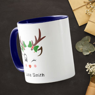 Glad Jul Presente Roliga Älg Ansikten Blå Kaffe Mugg