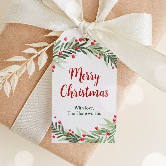 Glad jul presentkort, julkrans kort (Merry Christmas Greenery Gift Tag)