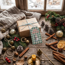 Glad jul presenttagg | Söt snöman grön gingham